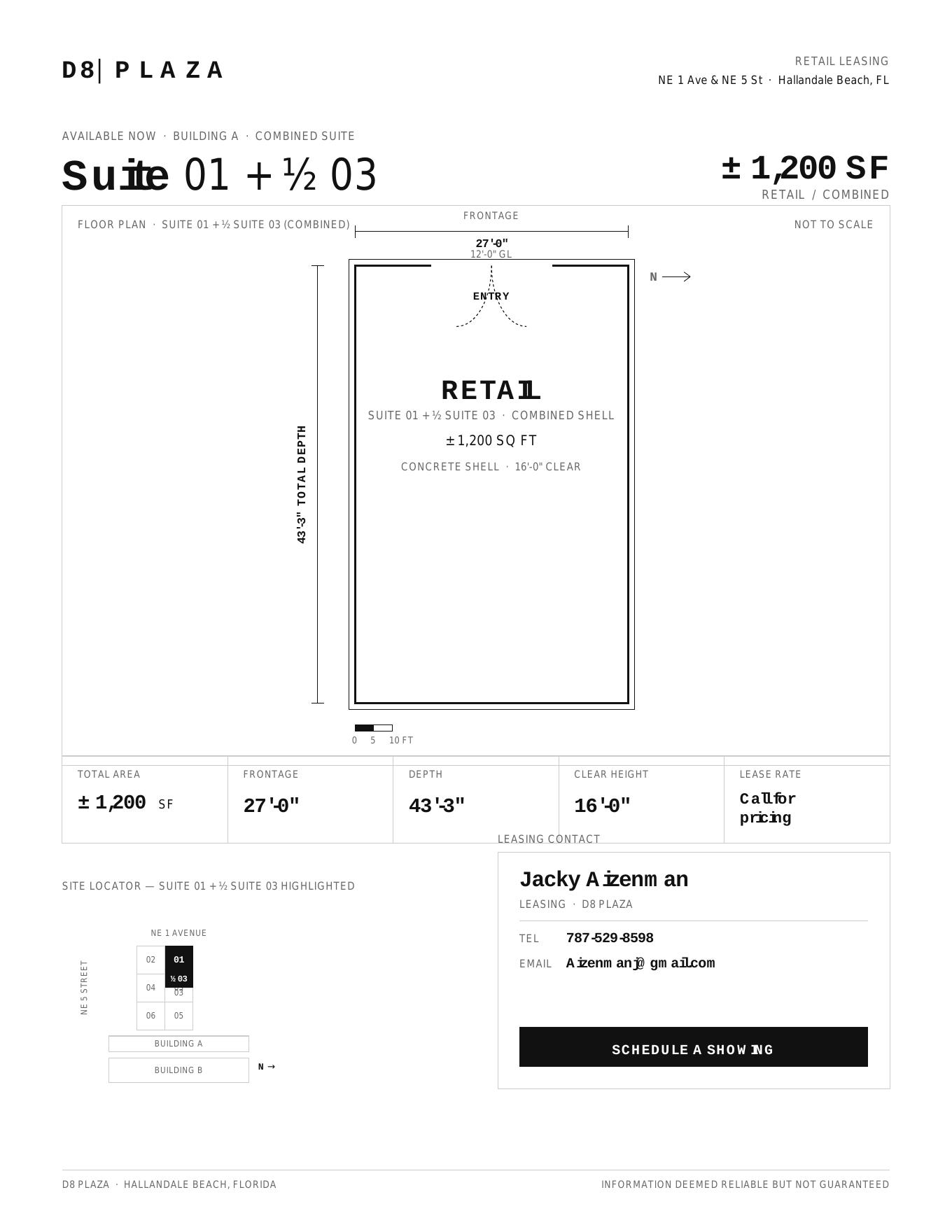Suite 01 + ½ Suite 03 floor plan — ± 1,200 SF